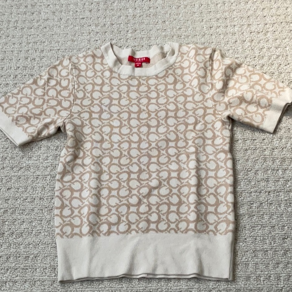 G by Guess Cream & Beige Logo Crewneck Sweater